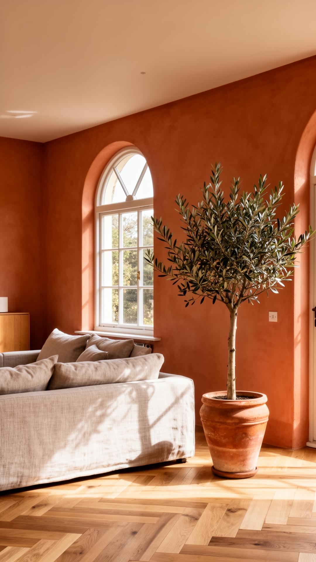 Warm terracotta interior with linen sofa and olive tree designed by RJ Design Hive